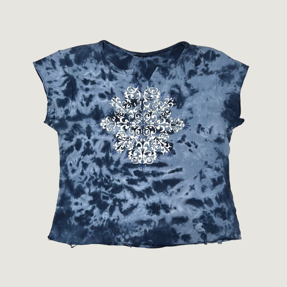 Vintage Y2K 2000s Blue Tie Dye Tee Top Graphic Mandala Glitter‎ Raw Hem Large